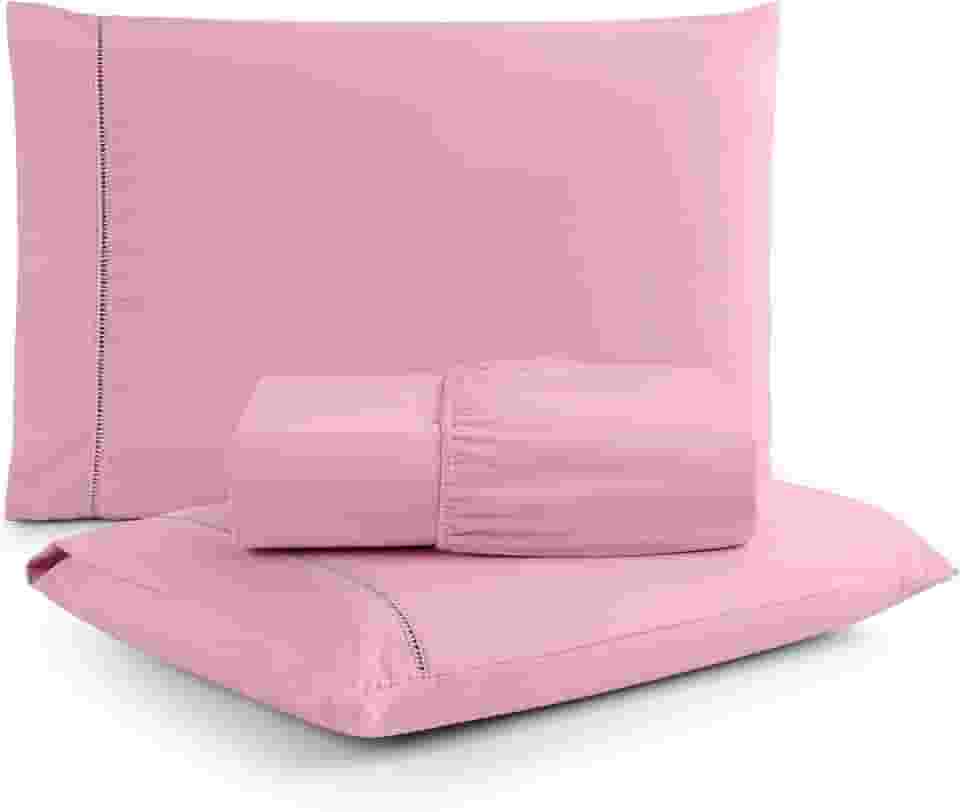 Jogo de Lençol Casal 3 Peças Micropercal 400 Fios com Ponto Palito | Toque Acetinado de Hotel, Não Amassa, Anti Bolinha - Cor Rosé