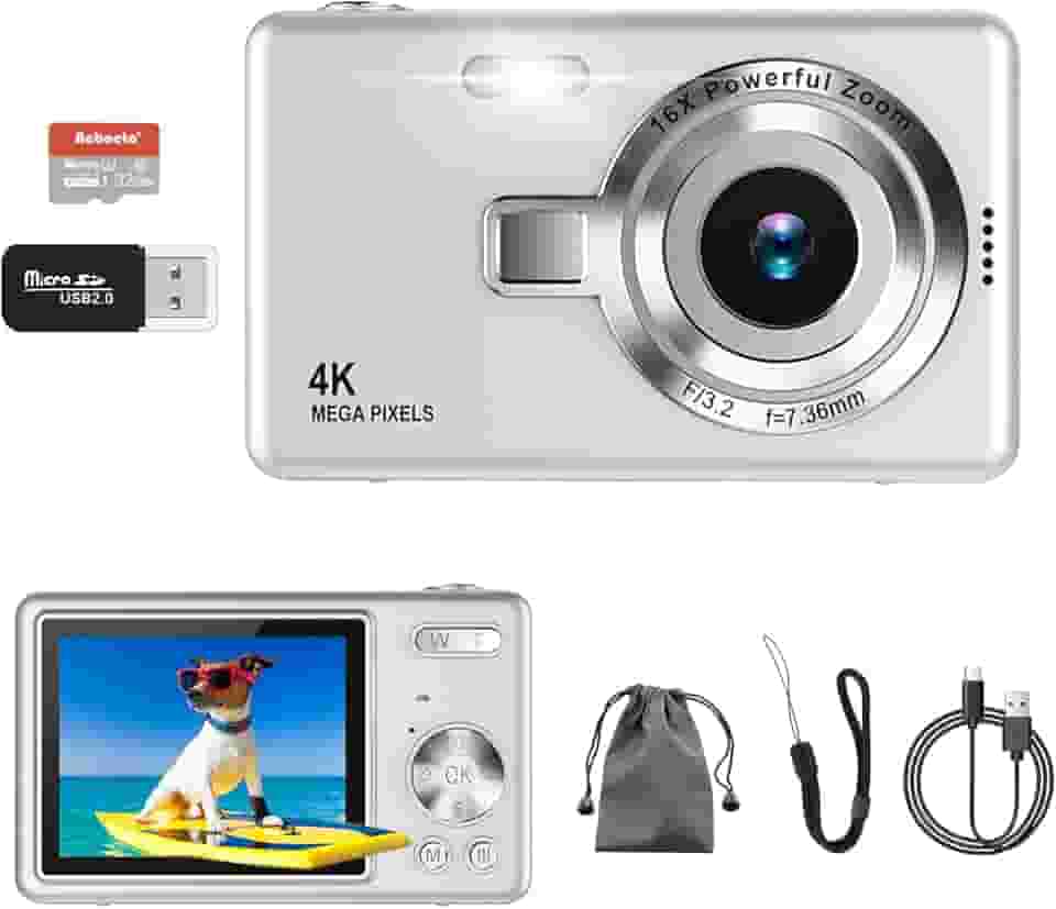 Câmera digital 4K, câmera vlogging de 50 MP com cartão SD 32G, zoom de 16x, flash, câmera digital compacta portátil pequena para crianças estudantes, adolescentes adultos iniciantes (prata)
