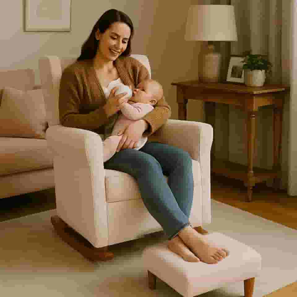 Poltrona Aquila Amamentação Balanço e Puff Baby Bege Claro