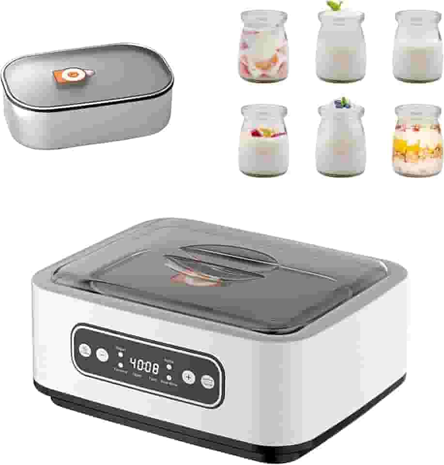 Esta iogurteira de 1,7 litros possui tempo e temperatura ajustáveis, funciona com voltagem de 110V a 240V, tem função adaptativa e um visor LED para contagem regressiva em tempo real.