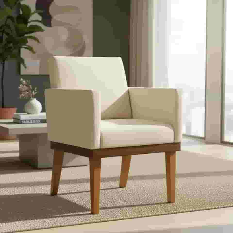 Poltrona Decorativa Para Sala Recepção Manicure Consultório Salão de Beleza Base em Madeira Divine Tecido Suede (Bege)