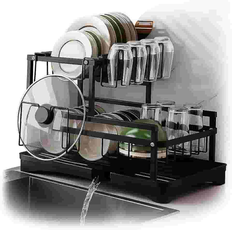 Escorredor de Louça em Aço Carbono Preto com Bandeja de Drenagem, Suporte para Copos, Talheres e Tábuas – Compacto, Resistente, Antiferrugem – Organizador de Pia Cozinha Moderna