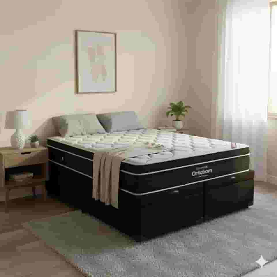 Cama Box Com Baú Queen Bipartido Corino + Colchão de Molas Ensacada Elegant - 158cmx1.98cm (Preto)