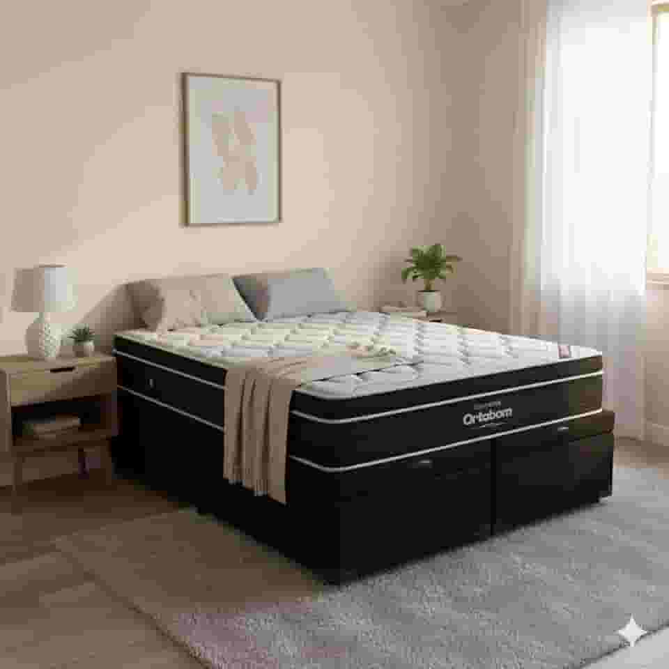 Cama Box Baú King Size Bipartido Corino + Colchão de Molas Ensacadas Elegant - 1.92x2.03 (Preto)