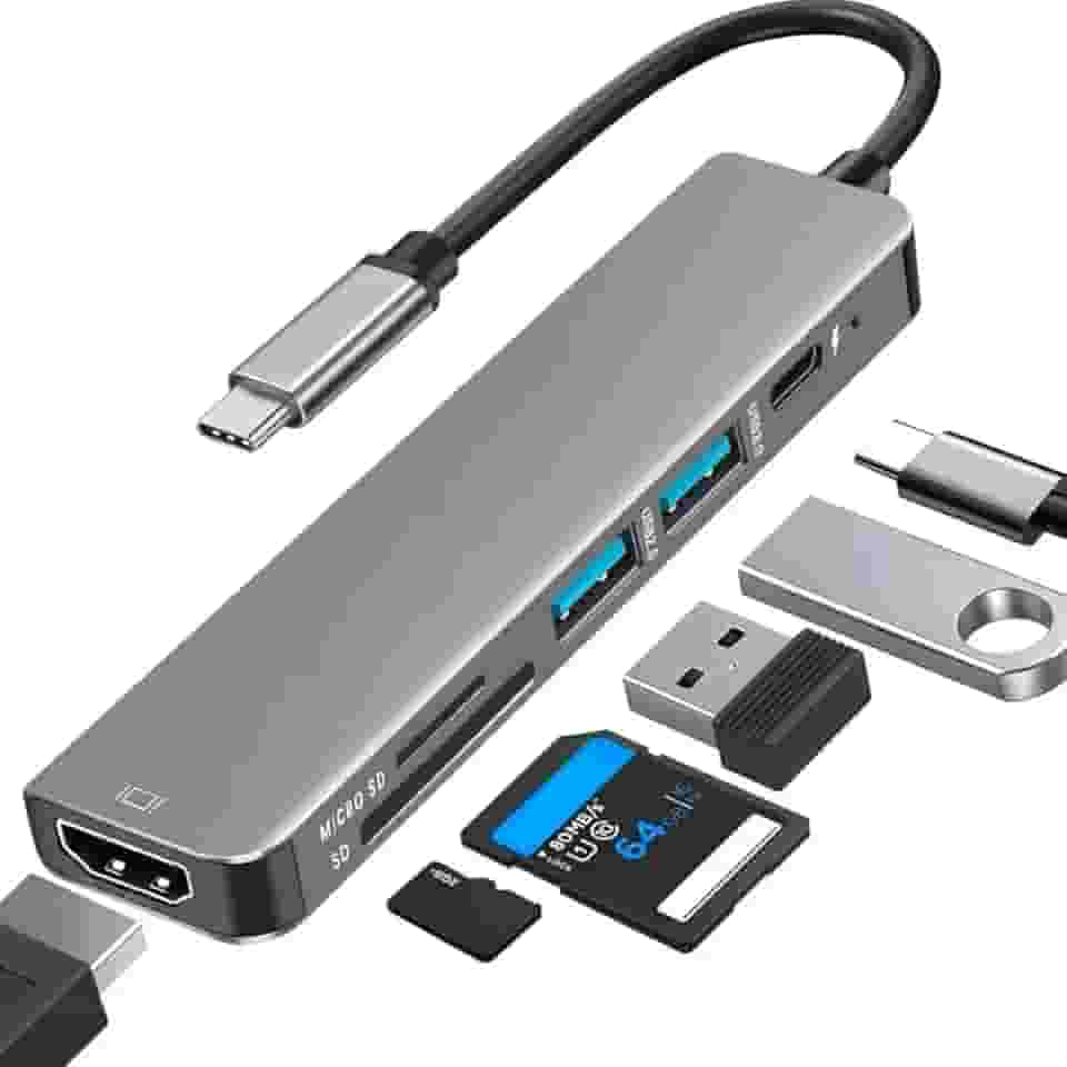 Adaptador Hub USB-C 7 em 1 com Saída HDMI 4K a 60Hz, 7 Portas, USB 3.0, Leitor de Cartão SD, Carregamento Rápido Multiportas e Fonte de Alimentação Tipo C - Premium
