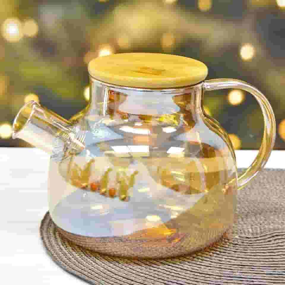 Chaleira de Vidro Âmbar com Infusor Vidro Borossilicato Tampa de Bambu Resistente ao Fogo