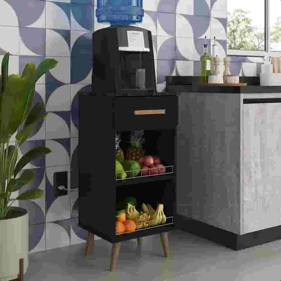Balcão Fruteira Suporte para Galão Agua Bebedouro Armário Fenix Pé Palito Preto/Marmorizado