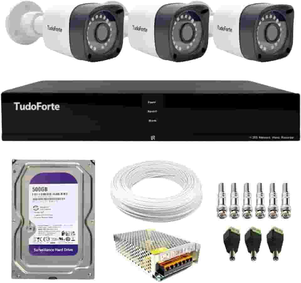 Kit CFTV 3 Câmeras Segurança Full HD DVR 4 Canais Com HD Completo