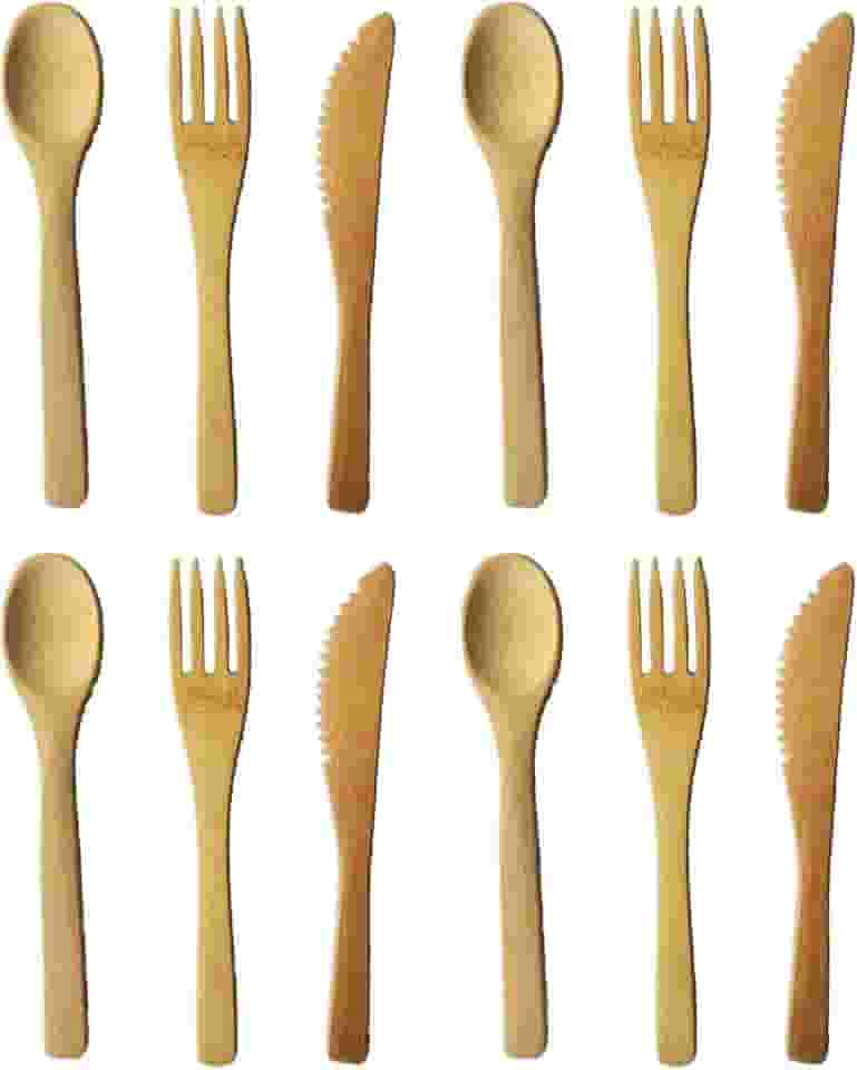 4 conjuntos de utensílios de bambu no total, 12 peças, conjunto de talheres de bambu, talheres de bambu portáteis para viagem, contém garfo, colher, faca, para uso em piquenique no escritório em casa