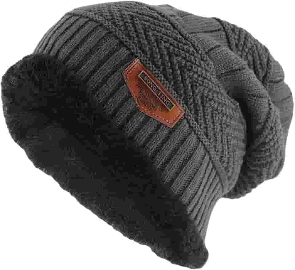 Gorro de tricô masculino de malha de inverno gorro despojado grosso forrado com lã (cinza escuro)