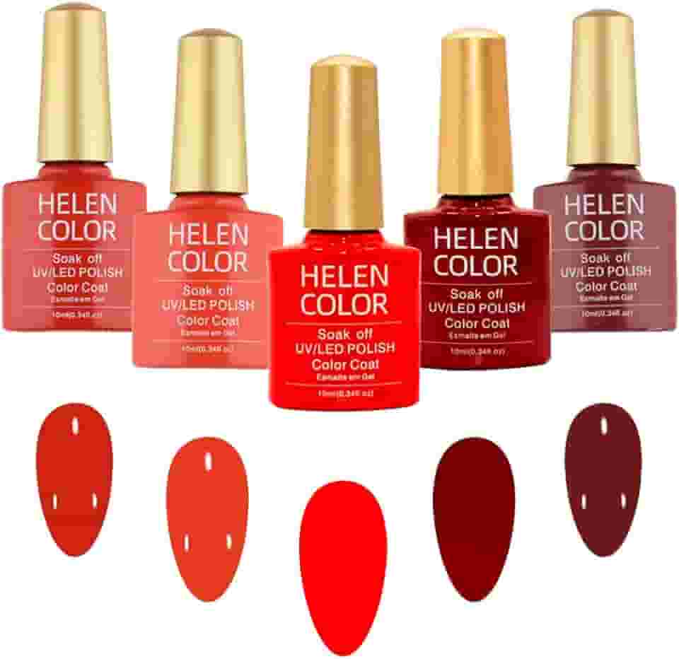 Kit de Esmaltes em Gel UV/LED, 5 Tons de Vermelho, Coleção Soak Off, 10ml Cada Frasco Helen Color 50ml no total