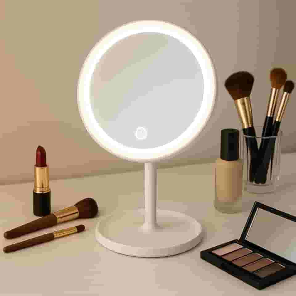 Espelho de Maquiagem com LED Base de Mesa Tela Redonda com Iluminação