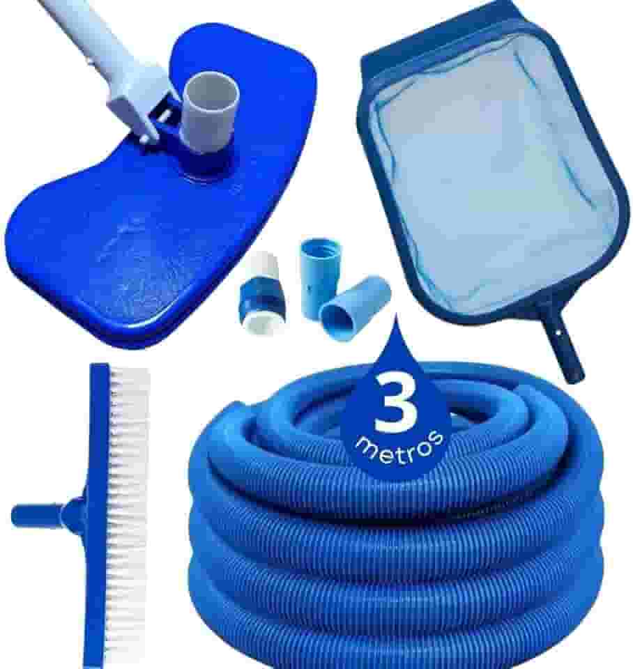 Kit Limpeza Piscina Aspirador + Peneira Grande + Escova Reta + Mangueira Flutuante + Adaptadores