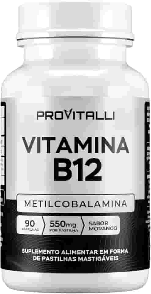 Vitamina B12 Metilcobalamina 90 Comprimidos Mastigáveis | Provitalli | Alta Absorção e Biodisponibilidade | Suporte para Energia, Foco e Sistema Imunológico | 550mg 9,94mgc | Sabor Morango