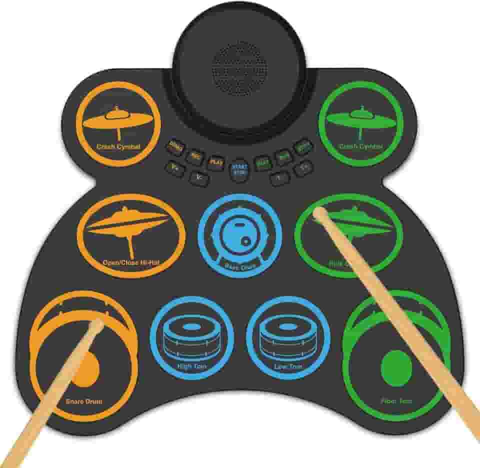 VEDO Conjunto de Bateria Eletrônica Portátil com 9 Pads, Duplo Alto-Falante, 4 Horas de Bateria, MIDI e Conexão para Jogos - Presente Musical Perfeito para Iniciantes e Crianças