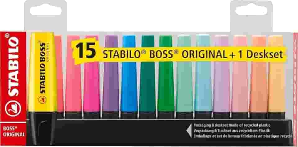 Marca Texto – STABILO BOSS ORIGINAL – Estojo com 15 unidades + Suporte de mesa – Em 15 cores