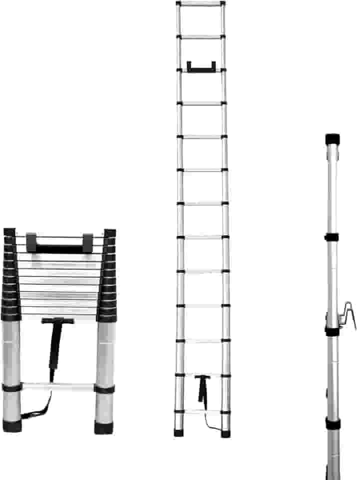 Escada telescópica de 3 m - Escada de extensão de alumínio premium com estabilizadores, escada leve e dobrável para trailers, trailers, trailers, compatível com Lippert On-The-Go (TLE145SV)