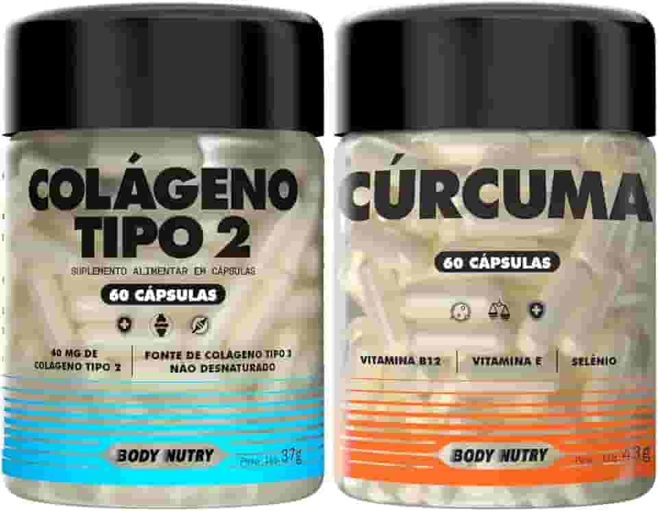 Body Nutry - Kit Colágeno Tipo 2 40Mg + Cúrcuma 60 Cápsulas Concentrado - Joelhos e Articulações Selenio Vitamina B12 + E - 120 Doses Suplemento Alimentar Sem Glúten - Matéria Prima Importada