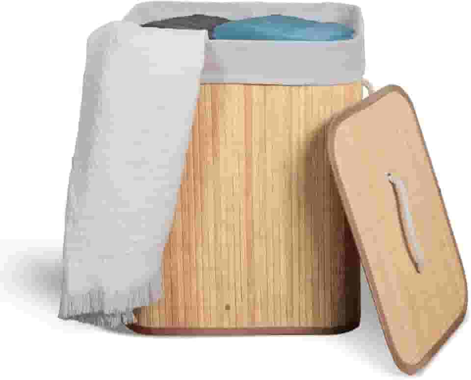 Cesto De Roupa Suja com Alças Em Bambu Com Tampa Forrado Banheiro Lavanderia Quarto