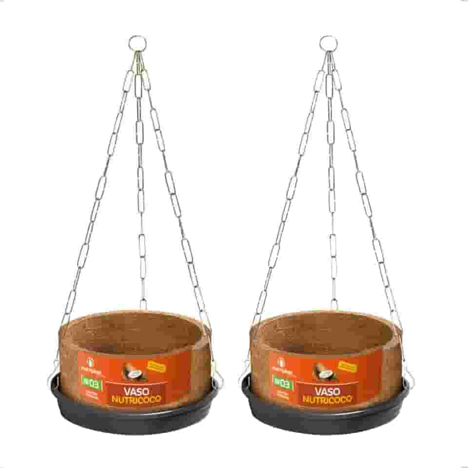 KIT Conjunto 2 Vasos Pendurar Samambaia N3 Completo Prato Corrente Fibra Coco N03 Xaxim Nutriplan