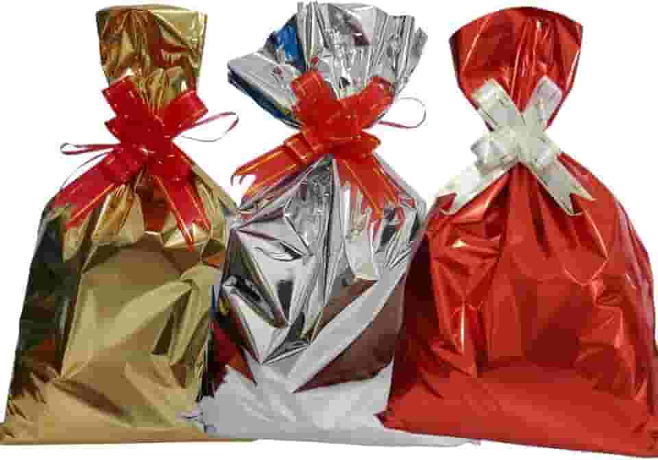 Kit 10 Sacos de Presente 25x37 cm, 10 Laços Fácil, (3 Cores:Dourado/Prata/Vermelho)