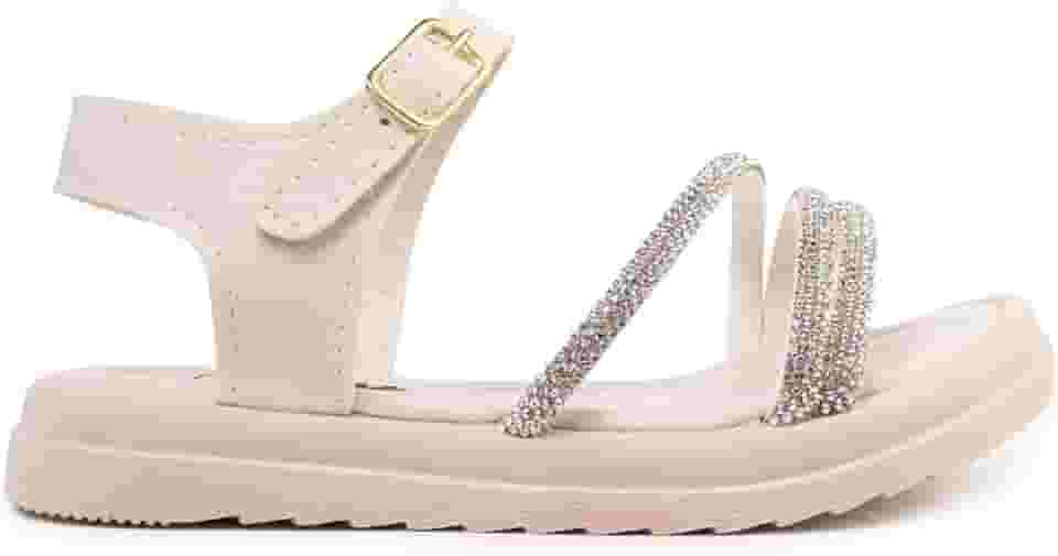 Sandália Infantil Papete com Tiras de Strass, Rosa e Dourado, Sola Leve Macio, Confortável