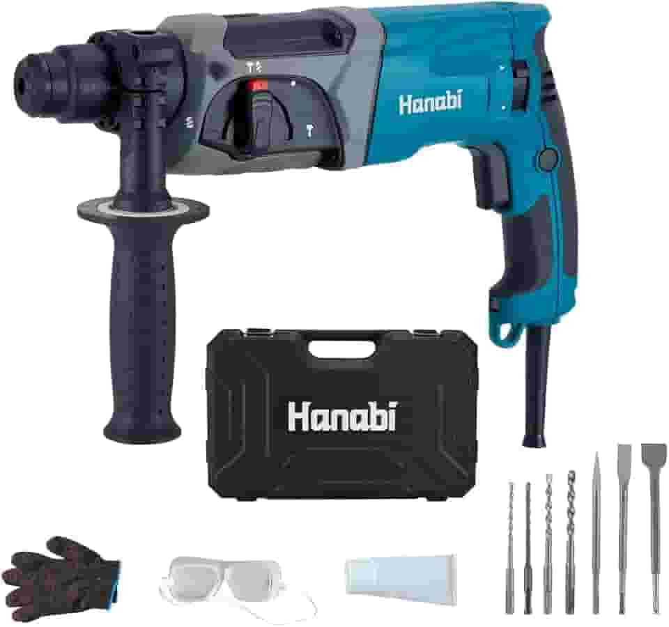 Hanabi Martelete Rompedor Perfurador 220V Furadeira de Impacto 960W, 26mm, 2.8J, SDS PLUS, 1300 rpm Martelete com 3 Funções, Punho Auxiliar e 7 Peças Ponteira Talhadeira Brocas