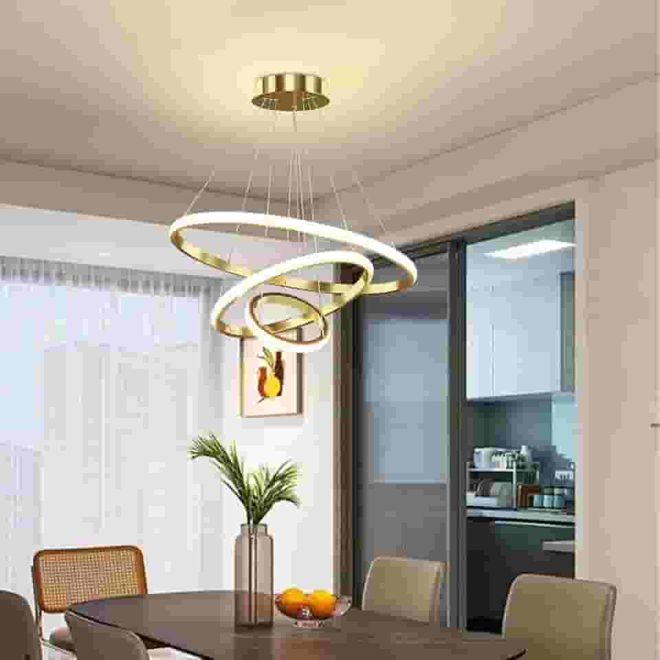 Luminária Pendente de 3 Anéis LED Moderna Regulável Com Controle Remoto - Lustre de Altura Ajustável 69 W para Sala de Estar e Quarto