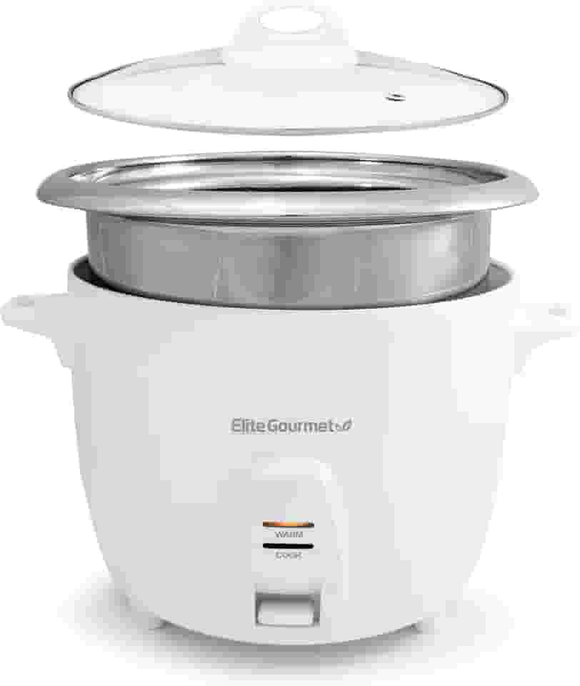 Elite Gourmet Panela de arroz elétrica com panela interna de aço inoxidável faz sopas, ensopados, grãos, cereais, 20 xícaras, branco