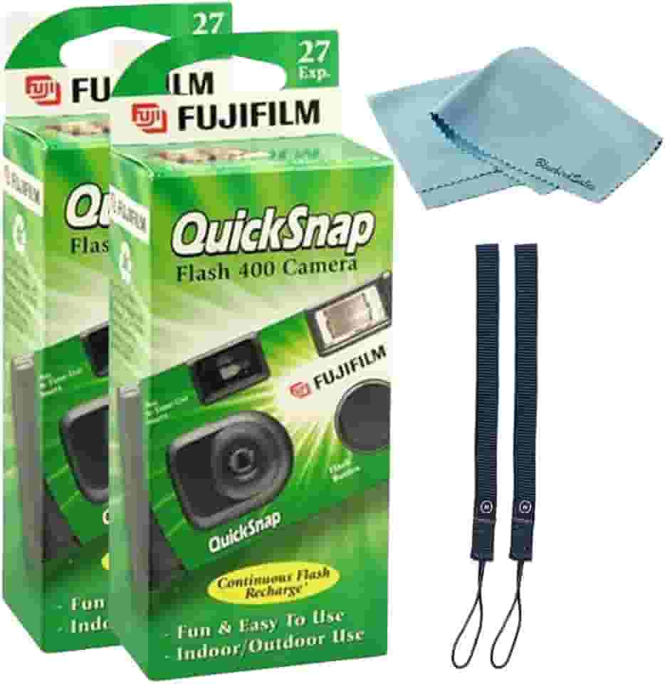 Câmera Fujifilm QuickSnap Flash 400 descartável de 35 mm • Pacote com 2 • 2 alças de mão • Pano de limpeza de microfibra BluebirdSales