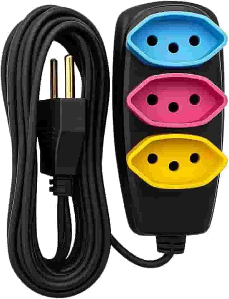 Extensão Elétrica Residencial com 3 Tomadas NBR, Cabo 5 Metros, Bivolt 127V/220V, 10 Amperes, Preto com Conectores Coloridos