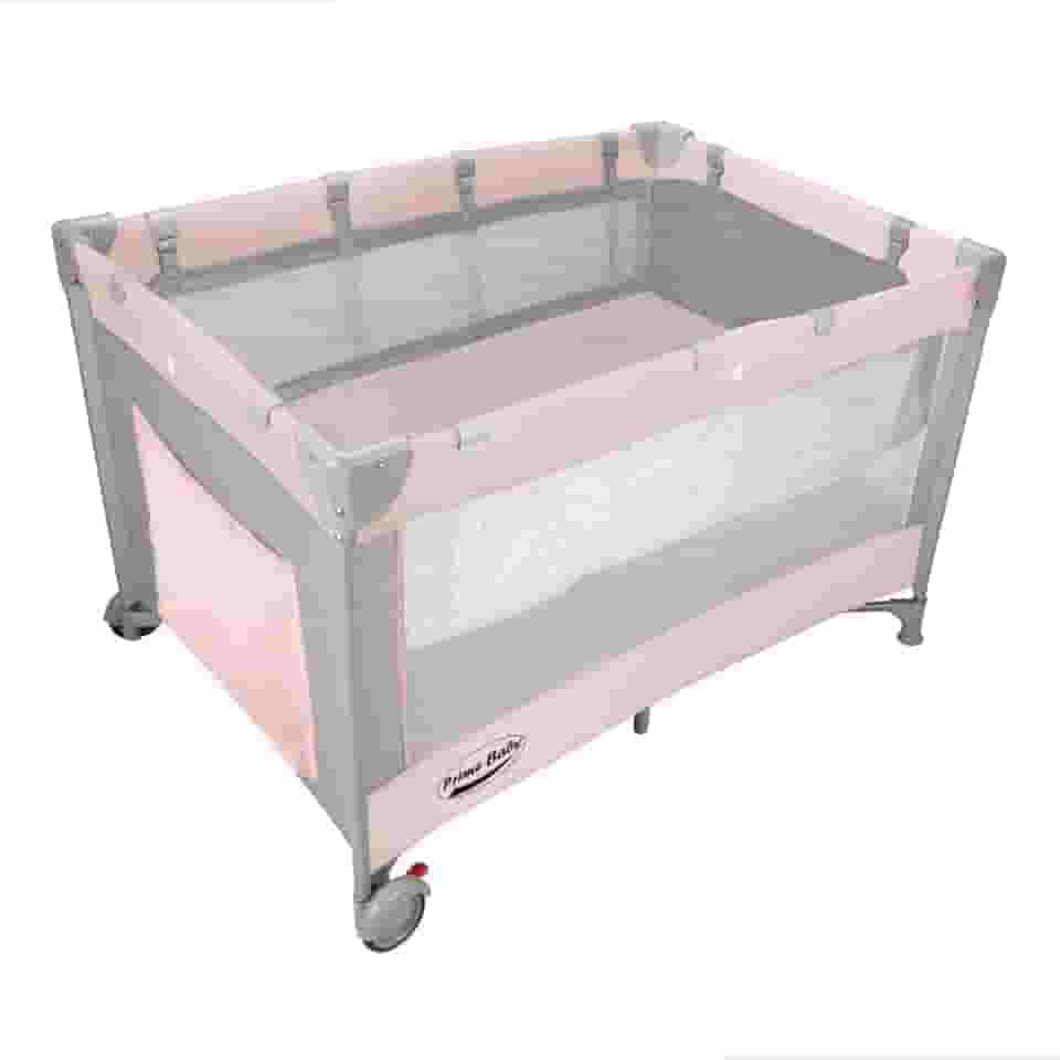 Berço Portátil Desmontável Prime Baby Amici com Ajuste de 2 Alturas, Colchonete Dobrável, Bolsa de Transporte e Rodas com Trava de Segurança Até 17kg (Rosa)