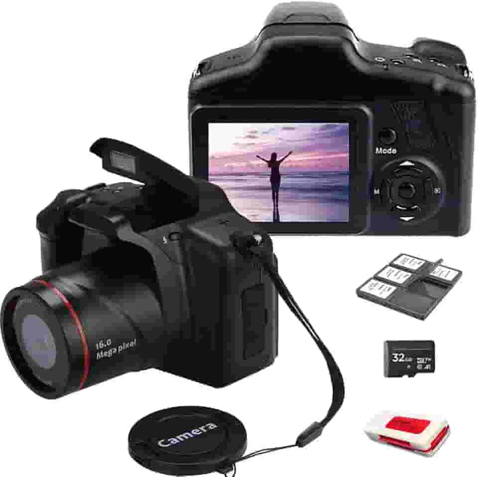 Acuvar Câmera digital de 16 MP, mini câmera compacta estilo SLR com cartão SD de 32 GB, leitor de cartão, suporte de cartão LCD de 2,4 polegadas, sensor CMOS de zoom de 16 X – câmera de vlogging