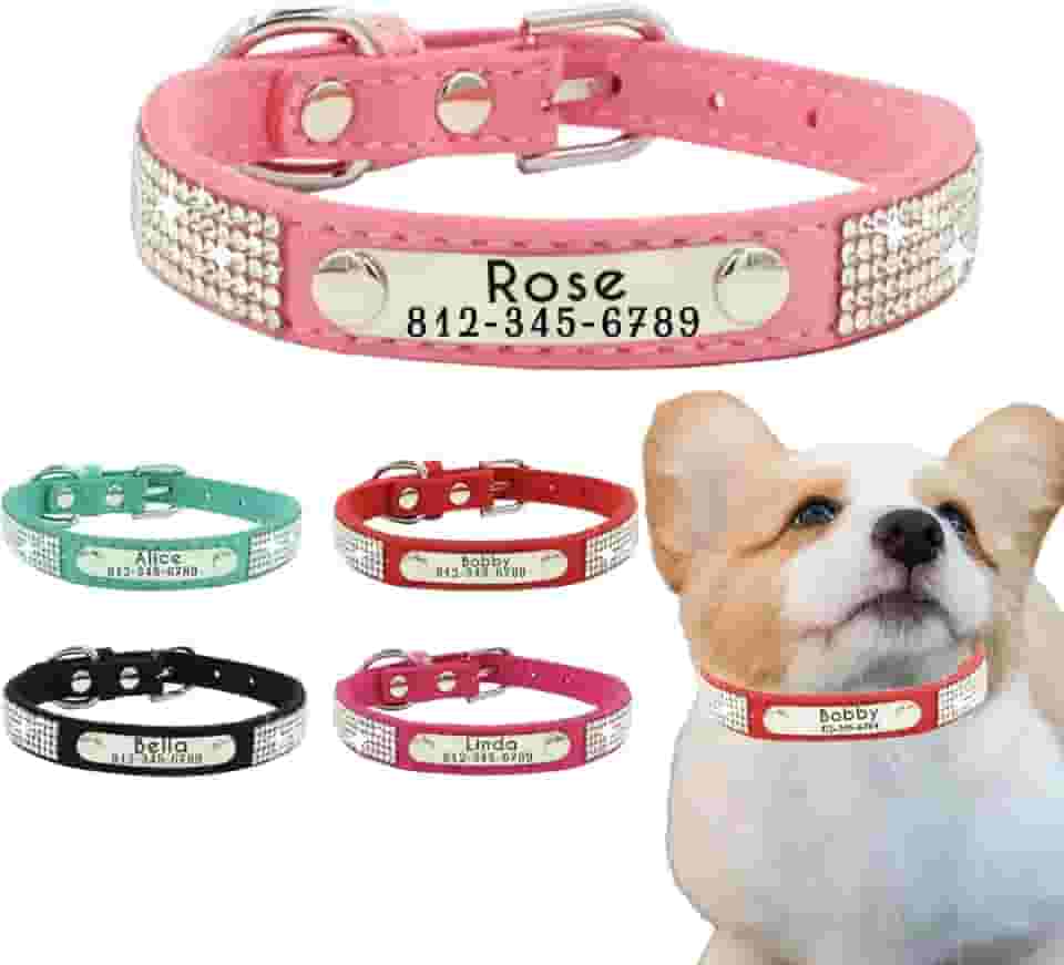 Coleira de couro personalizada para animais de estimação coleira de cachorro com glitter personalizada gravada com o nome e o número de telefone do seu animal de estimação. Possui um design de strass