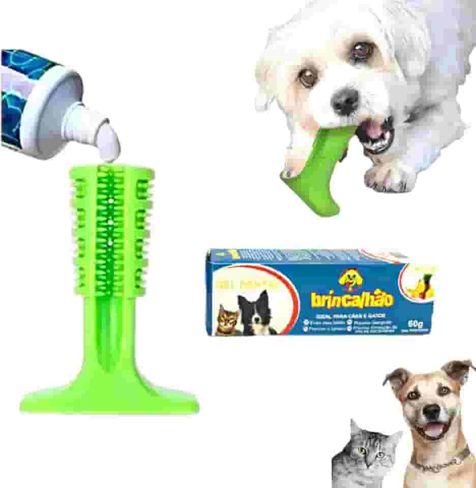 Mordedor Brinquedo Escova De Dente para Cachorro + Pasta de Dente Pet (Tutti Fruti, Verde)