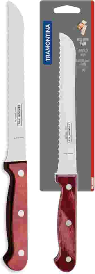 Faca para Pão Tramontina Polywood com Lâmina em Aço Inox e Cabo de Madeira Vermelho 7"