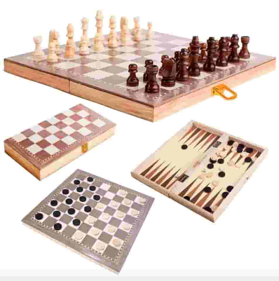 Jogo de Xadrez 3 em 1 com Damas e Gamão Tabuleiro Dobrável 29x29 cm em Madeira Estojo Portátil Completo para Lazer Viagem e Aprendizado