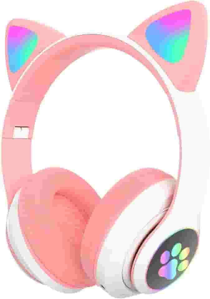 Fone de Ouvido Infantil Bluetooth Orelha Gato com Patas Led Para Crianças (Rosa)