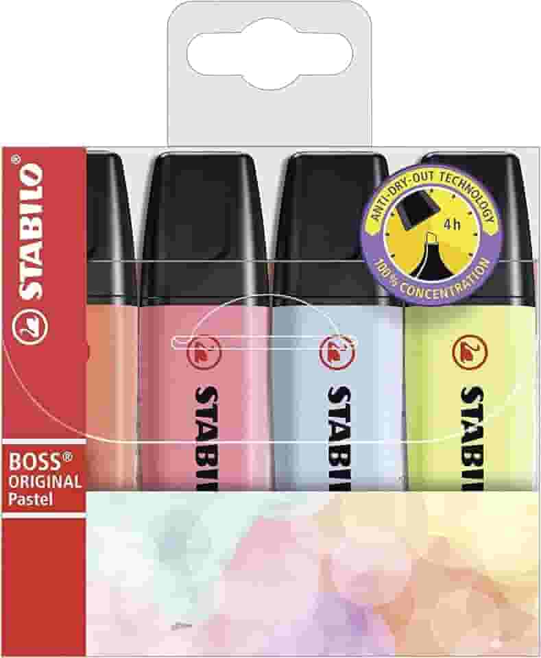 Marca Texto - STABILO BOSS ORIGINAL Pastel – Estojo com 4 unidades – Cores sortidas