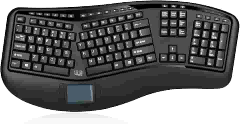 Adesso WKB-4500UB – Teclado ergonômico sem fio para desktop touchpad, design de teclas divididas, descanso de palma, teclas de controle de mídia, longa vida útil da bateria – Compatível com laptop/desktop/PC/Windows XP/7/8/10