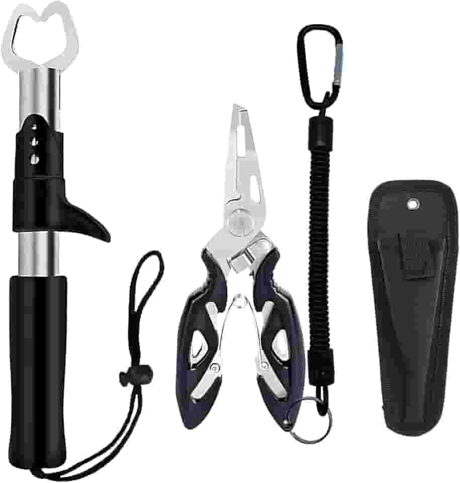 Alicate de pesca, alicate de anel dividido, kit grande de ferramentas de pesca em água salgada com alça de borracha, linha de cordão, cortador e bainha de removedor de anzol