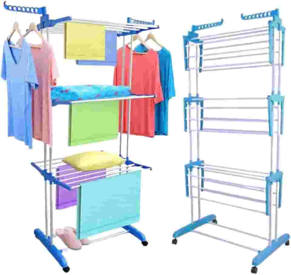 Varal de Chão Vertical Grande para Roupas 3 Andares em Aço Inox com Rodinhas, Retrátil, Reforçado, Dobrável, Regulável e com Suportes para Cabides - Super Compacto - Suporta até 40Kg de Roupas