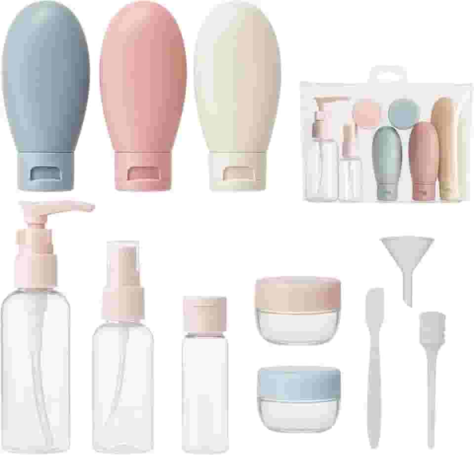 Kit Frascos Viagem, 12 peças para Shampoo, Condicionador, Cremes e Cosméticos, com Necessaire Transparente e Acessórios