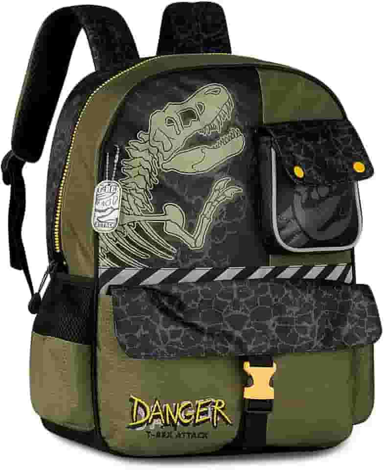 Mochila Escolar Infantil Dinossauro T-Rex, Verde Militar e Preto, Design Danger Attack, com Bolsos Laterais e Fecho de Segurança