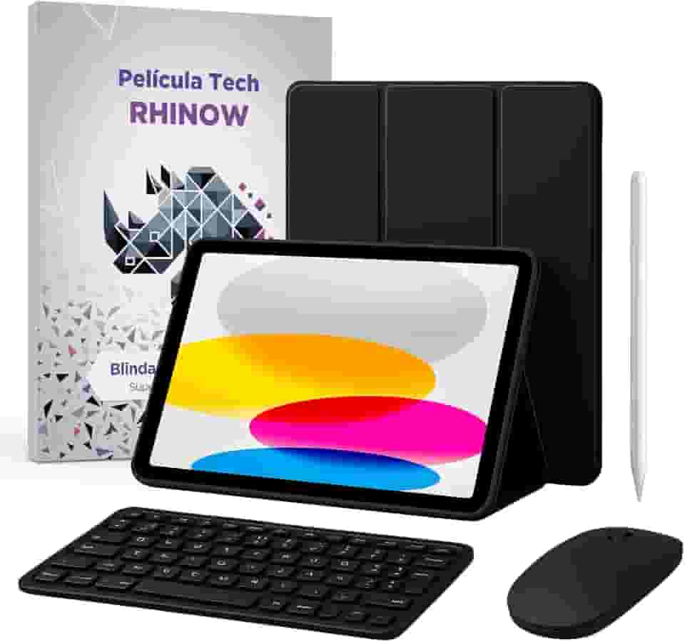 Kit Capa Preta com suporte de caneta para iPad 10ª e 11ª geração + Película de vidro + Caneta Precision + Teclado e Mouse (Rhinow)