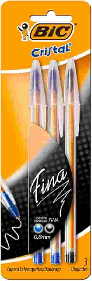 BIC, Caneta Esferográfica Escrita Fina, Cristal Fina, 2 Canetas Azul e 1 Caneta Preta, 3 Unidades