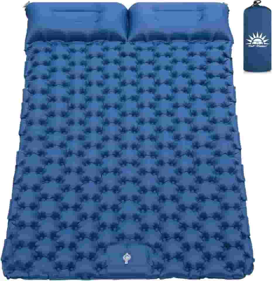 Colchão Inflável para Camping Casal com Travesseiro, Compacto e Resistente, 195 * 132 * 8cm (Azul)