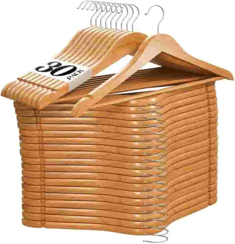 Kit 30 Cabide De Madeira Adulto 45cm Marfim Envernizados Com Barra Deslizante - Ideal Para Roupas, Calça, Camisas, Terno, Saia, blazer