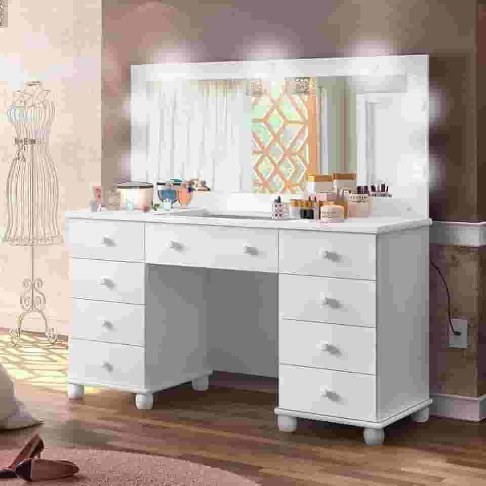 Penteadeira camarim com espelho e led 9 gavetas e colmeia Potente Branca