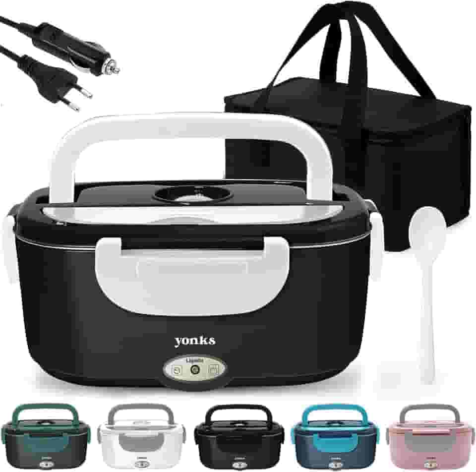 Marmita Elétrica Yonks 60W com Bolsa Térmica – Bivolt 110V/220V + Cabo Veicular 12V/24V – Marmita para Carro e Caminhão (Preta e branca)